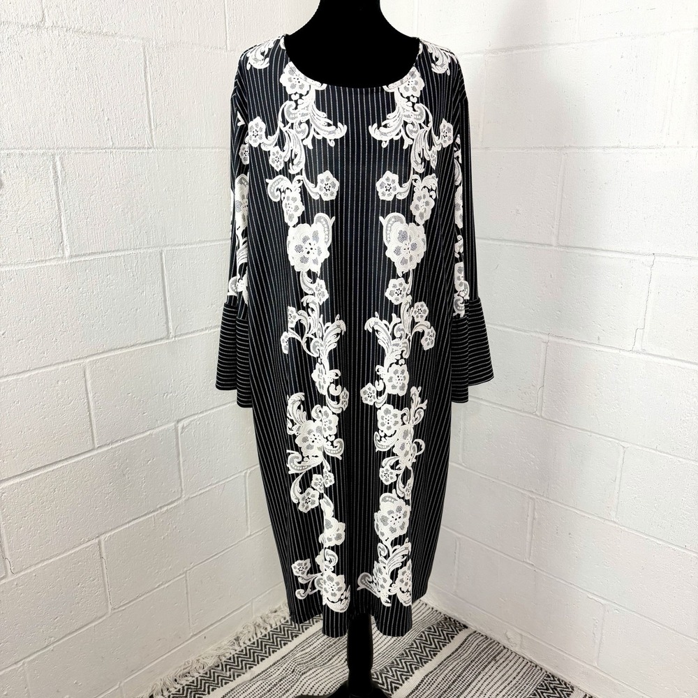Violet B. Midi Dress Black Striped Floral Lace Graphic Wedding Guest Office 3X